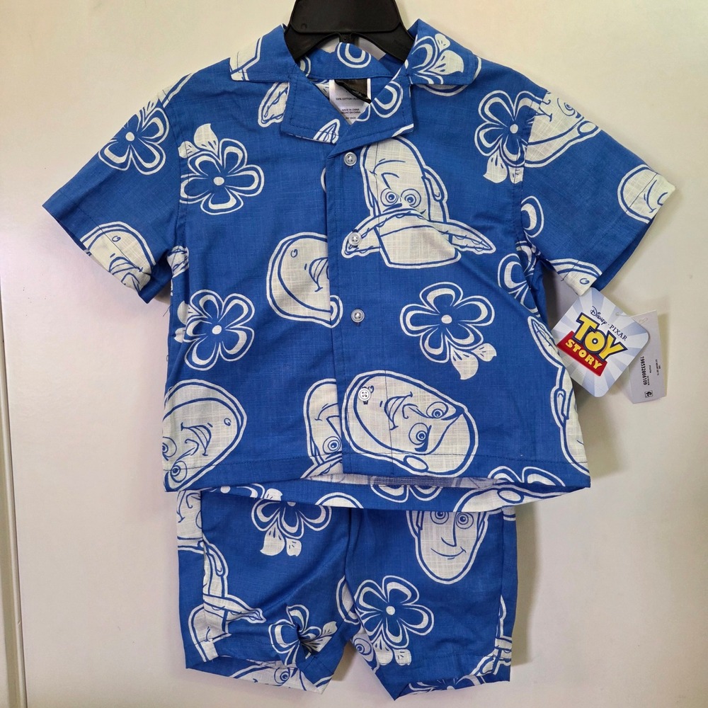 Disney Toy Story Woody Buzz Lightyear Blue Hawaiian Shirt Shorts Set 18M NEW